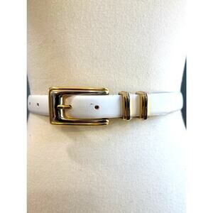 VTG White Leather Belt Gold Square Buckle Double Loop Minimalist Retro, Size M/L